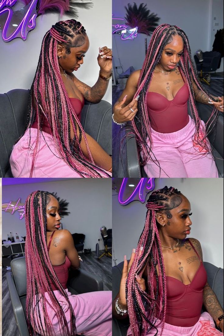 Box Braids Pink Highlights, Colored Braids On Black Women, Cute Box Braid Colors, Unique Box Braids Color, Pop Of Color Braids, Colored Braided Hairstyles For Black Women, Black And Color Braids, Pink Black And Blonde Box Braids, Short Colored Braids