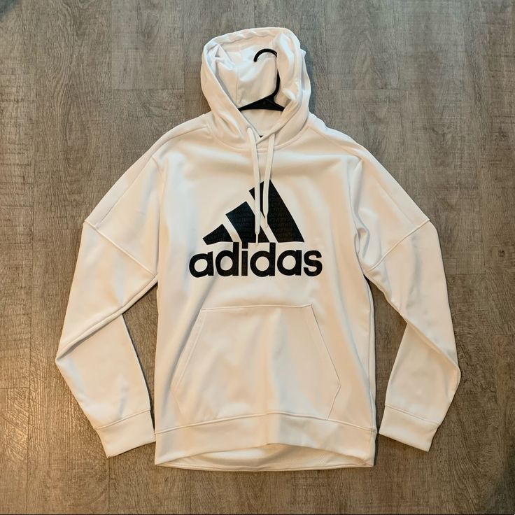 White Mens Athletic Trefoil Hoodie, Never Worn. *Free Shipping* Adidas Logo Fleece Hoodie For Winter, Adidas Fleece Hoodie For Winter, Winter Adidas Logo Fleece Hoodie, Winter Adidas Fleece Hoodie, Adidas Logo Hooded Hoodie, Adidas White Sweatshirt With Letter Print, White Adidas Sweatshirt With Letter Print, Adidas White Sportswear Sweatshirt, White Sportswear Hoodie