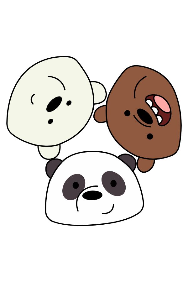 three cartoon pandas with different facial expressions on their faces, one is brown and the other is white