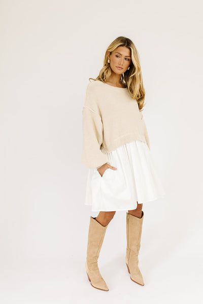 wells sweater dress *zoco exclusive* Serious Outfit, Sweater Over Dress, Tan Knit Sweater, Kimono Wrap Dress, Knit Tank Dress, Corduroy Dress, White Skirt, Sweater Material, Warm Outfits