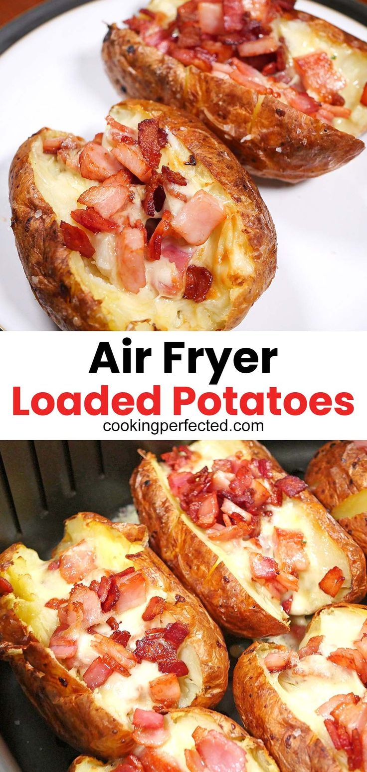 air fryer loaded potatoes with ham and cheese in the middle on a white plate