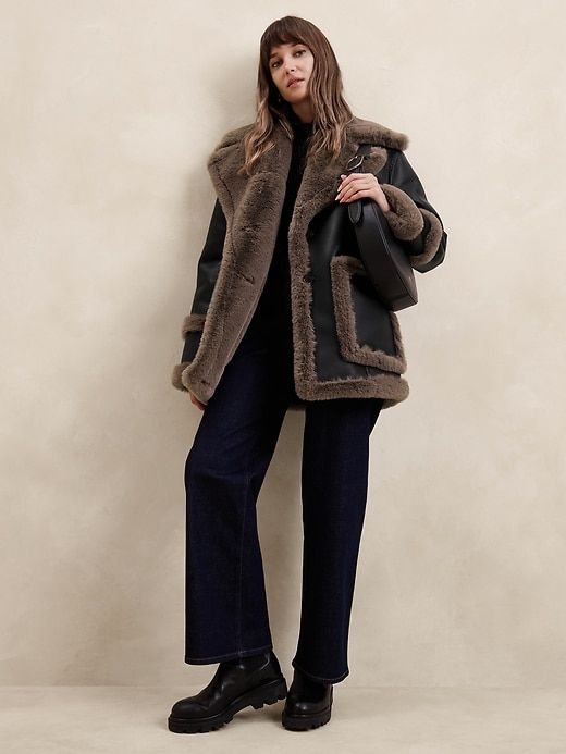 Vegan Leather Shearling Jacket | Banana Republic Factory Faux Fur Jackets For Women, Aspen Fashion Winter Chic, Winter Coats 2024, Park City Utah Winter Outfits, Shearling Jacket Outfit, Leather Fur Jacket, Leather Shearling Jacket, Long Suede Coat, Shop Your Closet