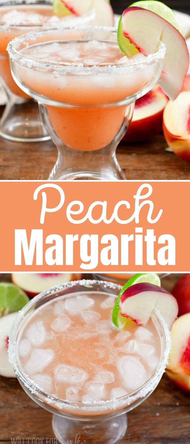 peach margarita with ice and garnish in glasses on a wooden table next to sliced apples