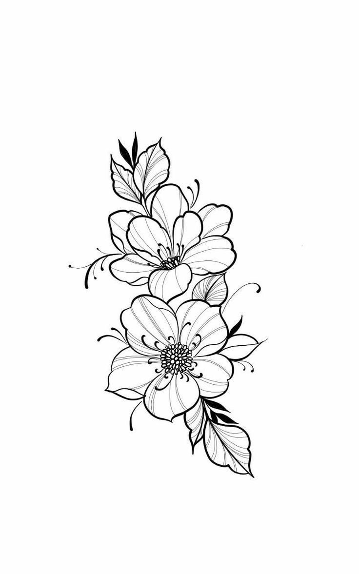 a black and white drawing of flowers on a white background