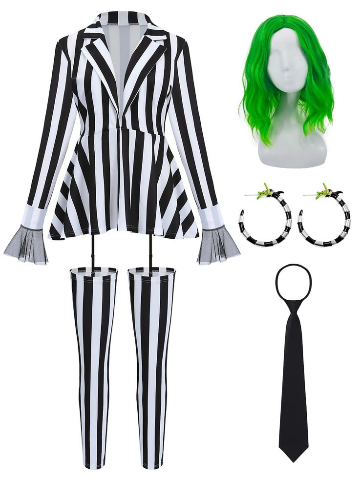 a woman with green hair wearing black and white striped clothes