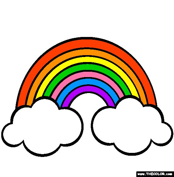 a rainbow with clouds in the sky on a pink background and text that says, i love