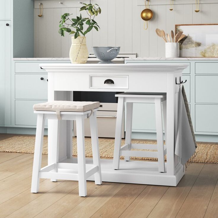 two stools sit in front of a kitchen island