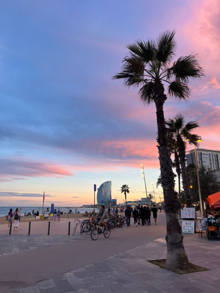 palm trees and people walking on the beach at sunset with pink clouds in the sky