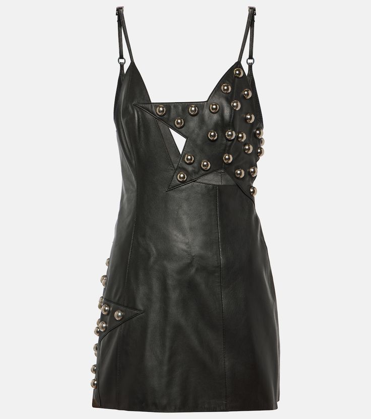 Studded leather minidress in black - Area | Mytheresa Sleeveless Leather Mini Dress For Club, Edgy Leather Mini Dress For Night Out, Sleeveless Leather Club Dress, Sleeveless Leather Dress For Club, Chic Leather Mini Dress, Fitted Leather Dress With Edgy Style, Edgy Fitted Leather Dress, Fitted Leather Edgy Dress, Edgy Leather Evening Dress