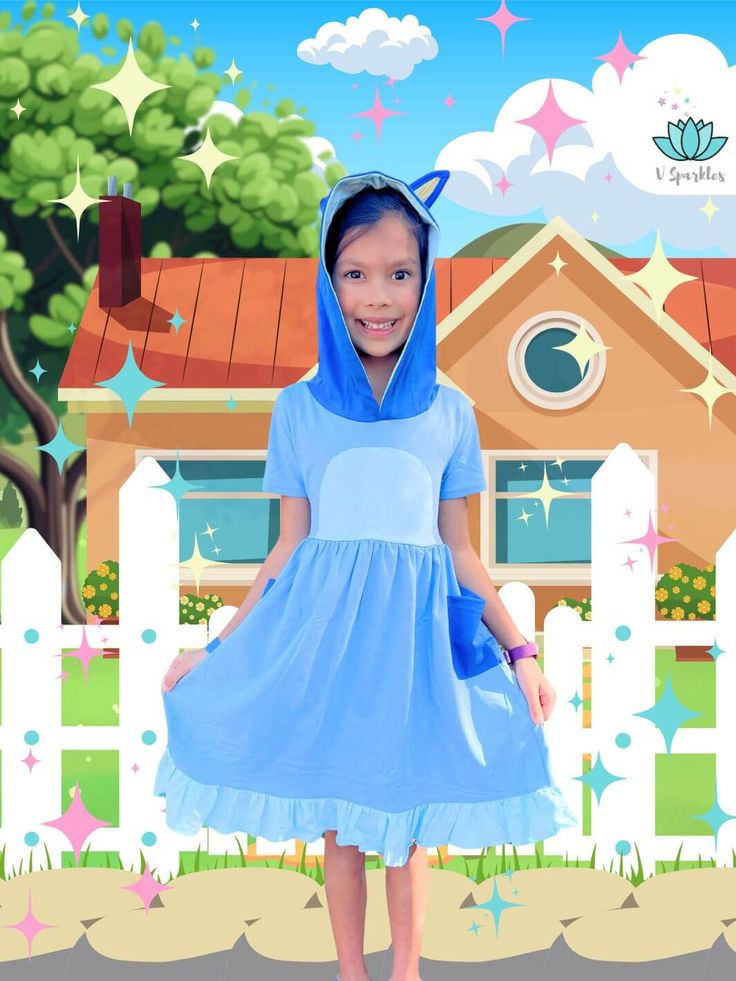 Bluey-inspired kids dress, perfect for Disneybound adventures, play pretend, or dress-up game, ideal for Halloween costume or birthday dress. Cartoon Dress, Cartoon Cosplay, Dress For Kids, Sisters Dress, Dog Dress, Girls Cartoon, Themed Events, Fairy Godmother, Dress For Girls