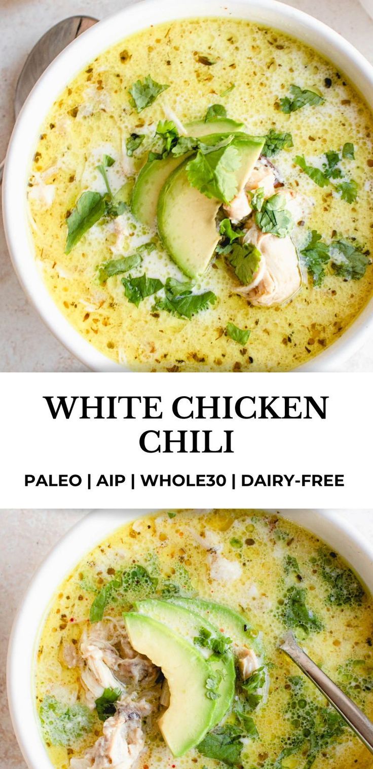 two bowls of white chicken chili with avocado