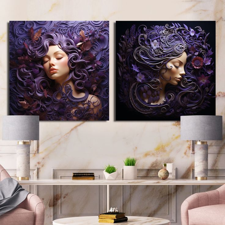 two paintings on the wall of a living room, one with a woman's head