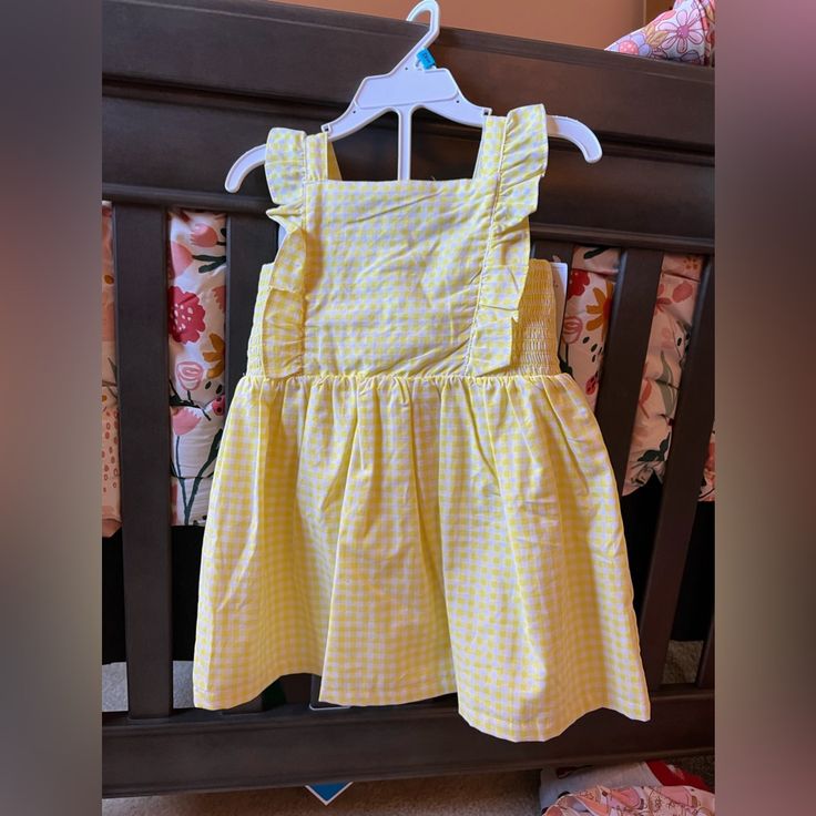 Nwt 24m Carters Dress Yellow And White Gingham Bloomers To Match Cute Yellow Sundress With Ruffles, Cute Yellow Ruffled Sundress, Yellow Sleeveless Sundress For Playtime, Playful Yellow Ruffled Dress, Casual Yellow Playwear Dresses, Playful Yellow Dress With Ruffles, Fitted Yellow Dress For Playtime, Casual Yellow Dresses For Playwear, Yellow Cotton Dresses With Ruffles