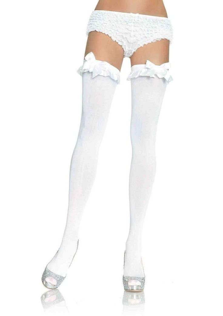 color_white | Leg Avenue Devi Stockings with Ruffle Bow White Thigh Highs, Thigh High Stockings And Tights, Best Couples Costumes, Pin Up Outfits, Leg Avenue, Over The Knee Socks, Stocking Tights, Thigh High Socks, Thigh High Stockings