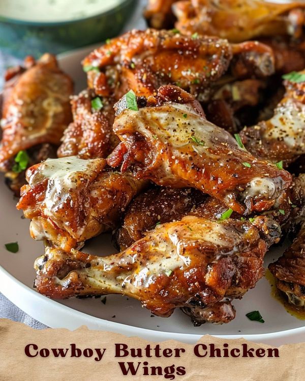 a white plate topped with chicken wings covered in sauce and garnished with parsley