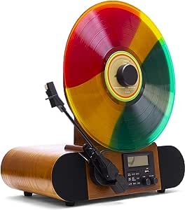 an old fashioned radio with a record player on it's stand and a multicolored vinyl disc