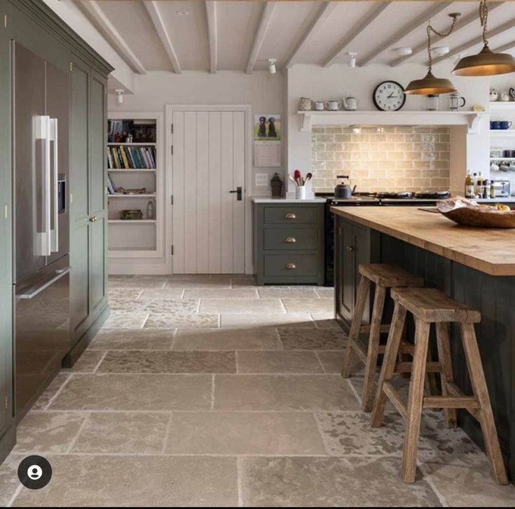 a kitchen with two stools next to an island