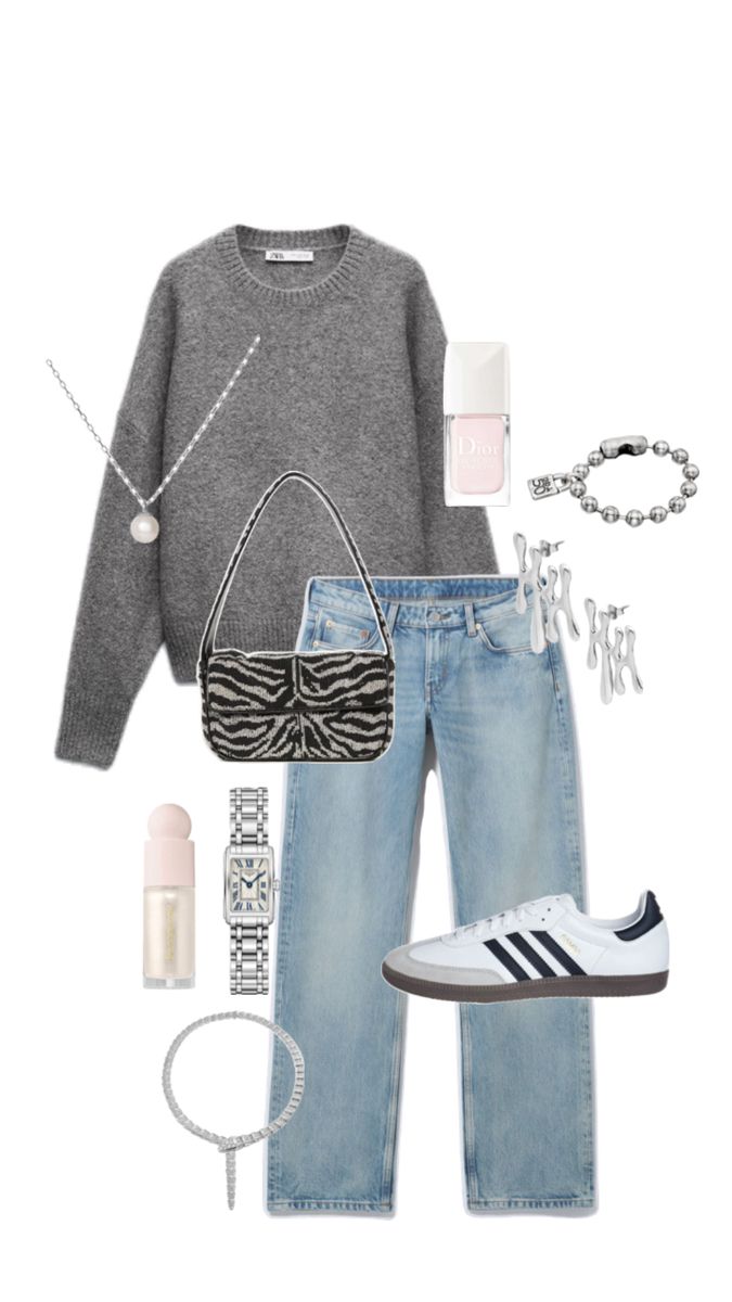 Autumn outfit / outfit / grey jumper / knit jumper / knit / grey knit / dark grey / charcoal grey / low rise jeans / light wash jeans / jeans / sambas / black and white sambas / zebra print bag / zebra print / bag / small bag / rarebeauty highlighter / silver / silver jewellery / silver watch / silver bracelet / pink nail polish #greyknitjumper #knit #gret #lowrisejeans #jeans #silverjewellery #sambas #watch #zebraprintbag #zebraprint Sambas Black, Zebra Print Bag, Outfit Grey, Grey Jumper, Pink Nail Polish, Jeans Light Wash, Jewellery Silver, Pink Nail, Autumn Outfit