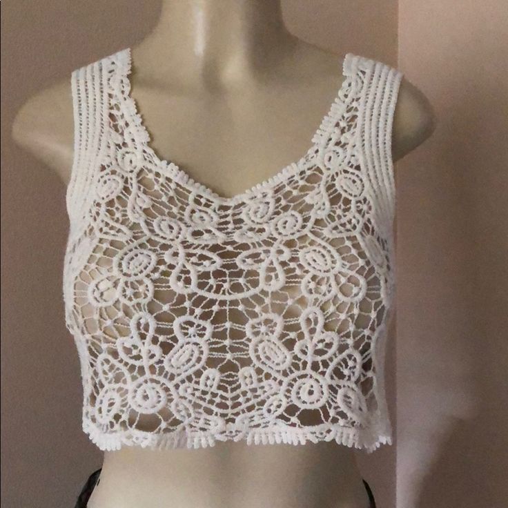 New Without Tags Casual Lace Top With Crochet Trim For Beach, Spring/summer Lace Crop Top, Fitted Cotton Lace Top For Beach, Summer White Open Knit Lace Top, Fitted Knit Lace Top For Spring, Casual Fitted Lace Top For Summer, Fitted Lace Summer Top, Fitted Lace Top For Summer, Casual Crochet Lace Top With Lace Trim