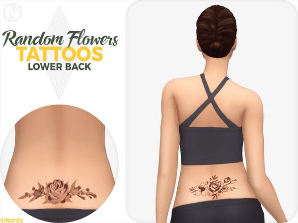 the back of a woman with tattoos on her stomach and lower back, in front of an advertizer