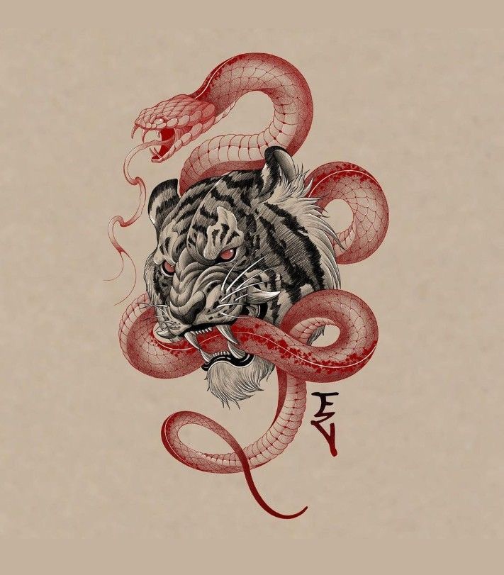 a drawing of a tiger with a snake wrapped around it's neck