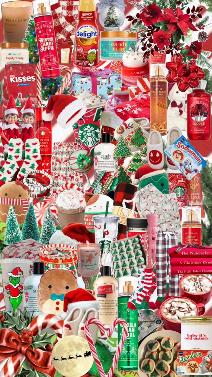 a collage of christmas themed items and gifts for the holiday season, including cookies, candy