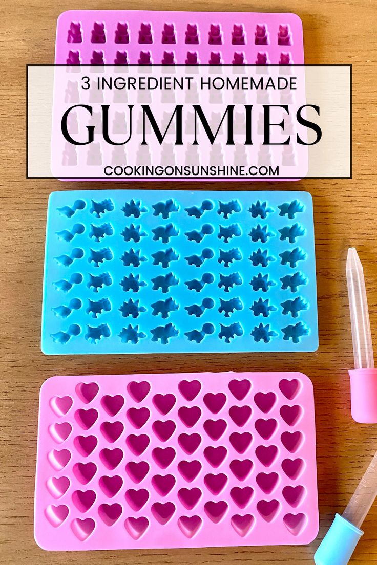 two ice trays with hearts on them and the words 3 ingredient homemade gummies