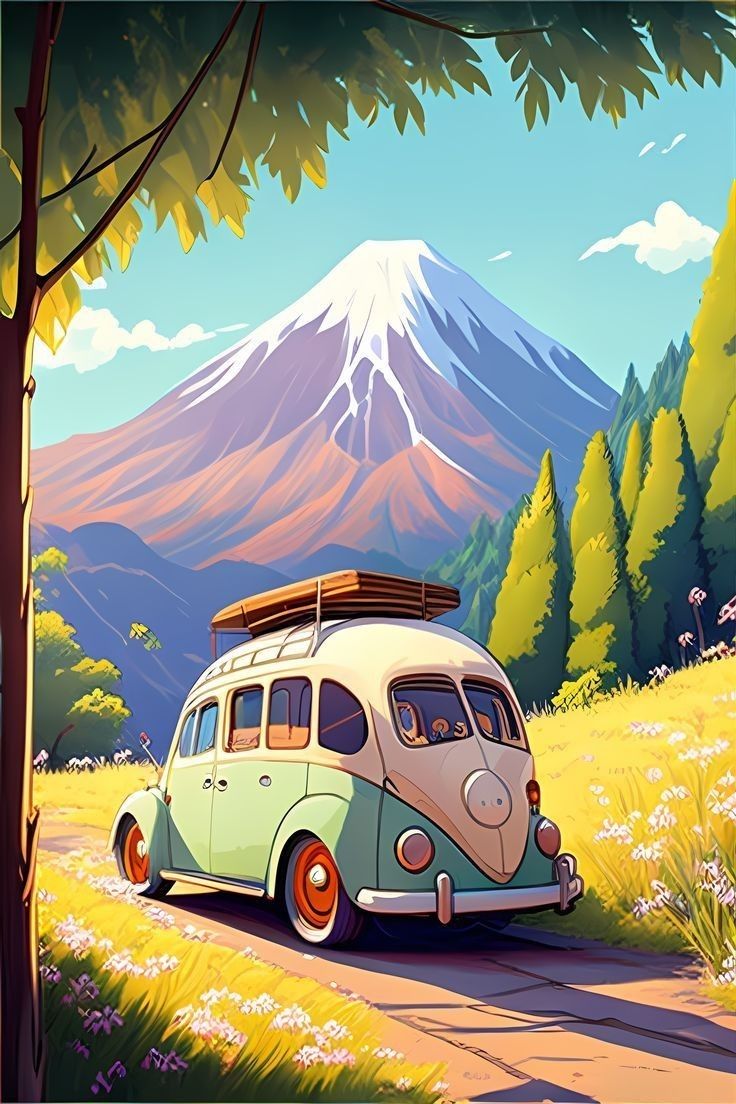 an old vw bus parked on the side of a road in front of a mountain