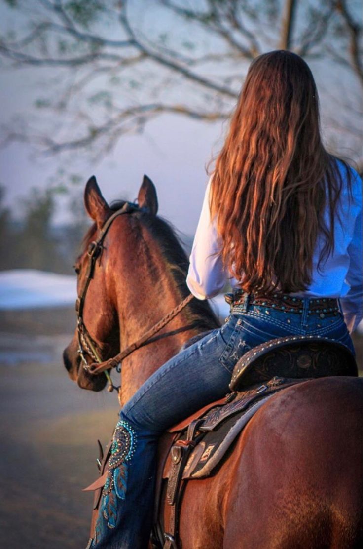 a woman riding on the back of a brown horse