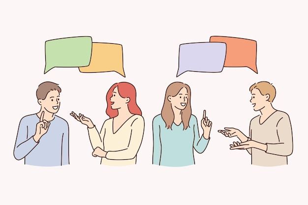 four people are talking with speech bubbles above their heads, one is pointing at the other