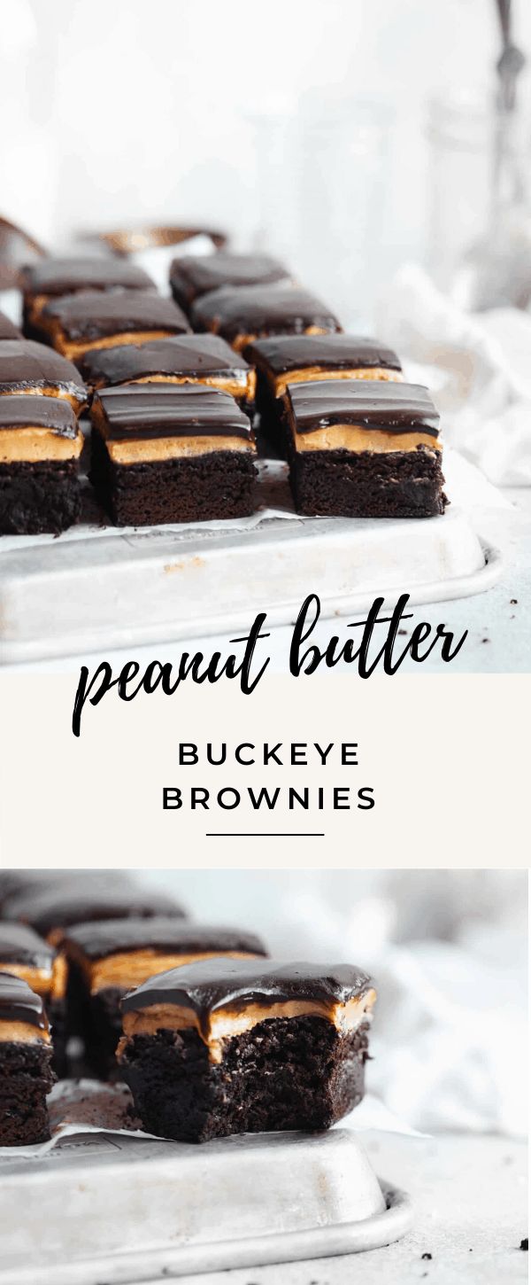 peanut butter buckeye brownies on a plate with the words peanut butter above them