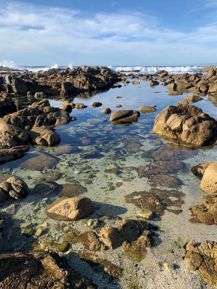 the water is crystal clear and there are many rocks in the shallow water near the shore