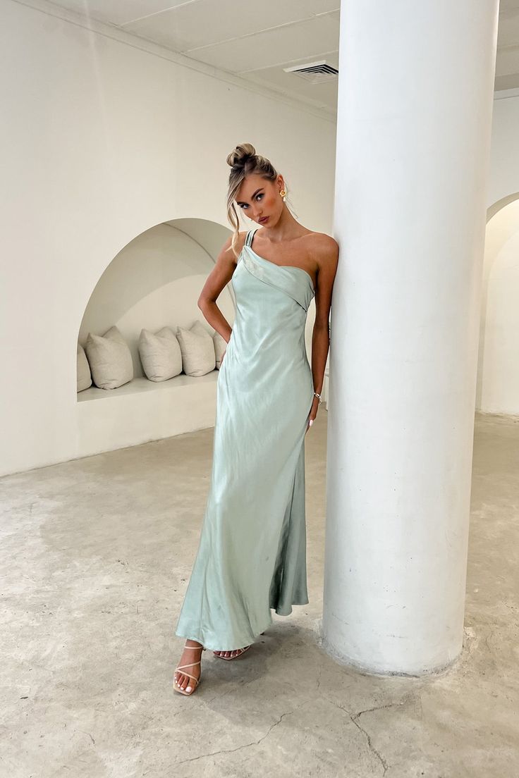 Carmel One-Shoulder Sash Maxi Dress Sage One Shoulder Sage Green Bridesmaid Dress, Glamorous One-shoulder Satin Maxi Dress, Green Off-shoulder Flowy Maxi Dress, Green Satin One-shoulder Maxi Dress, Green Satin A-line Maxi Dress, Hoco Dresses Short, Prom Dress Trends, Spaghetti Strap Bridesmaids Dresses, Champagne Prom Dress