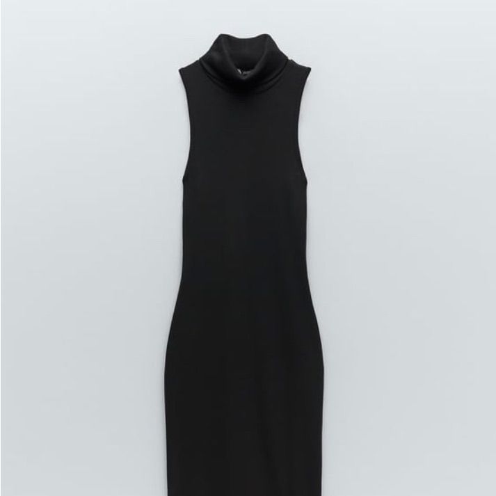 Zara Ribbed Bodycon Maxi Dress Black Bodycon Midi Sleeveless Dress, Black Bodycon Sleeveless Midi Dress, Black Stretch Midi Dress With High Neck, Black High Neck Sleeveless Stretch Dress, Chic Black Sleeveless Dress By Zara, Chic High Neck Midi Dress By Zara, Black Bodycon Knee-length Maxi Dress, Fitted Black Sleeveless Dress For Fall, Zara Sleeveless Black Midi Dress