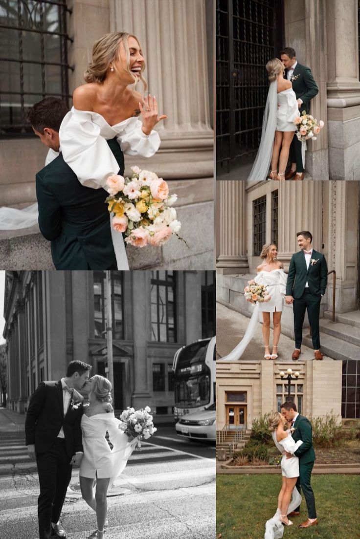 the bride and groom are posing for pictures