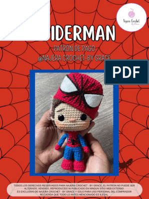 a crocheted spider - man doll is shown in front of a red background