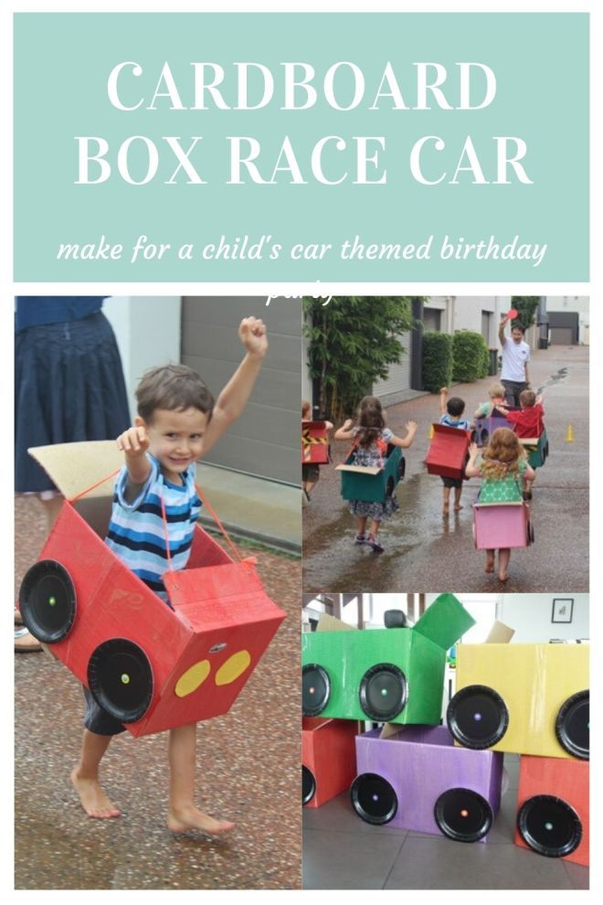 cardboard box race car made for a child's car themed birthday party with free printables