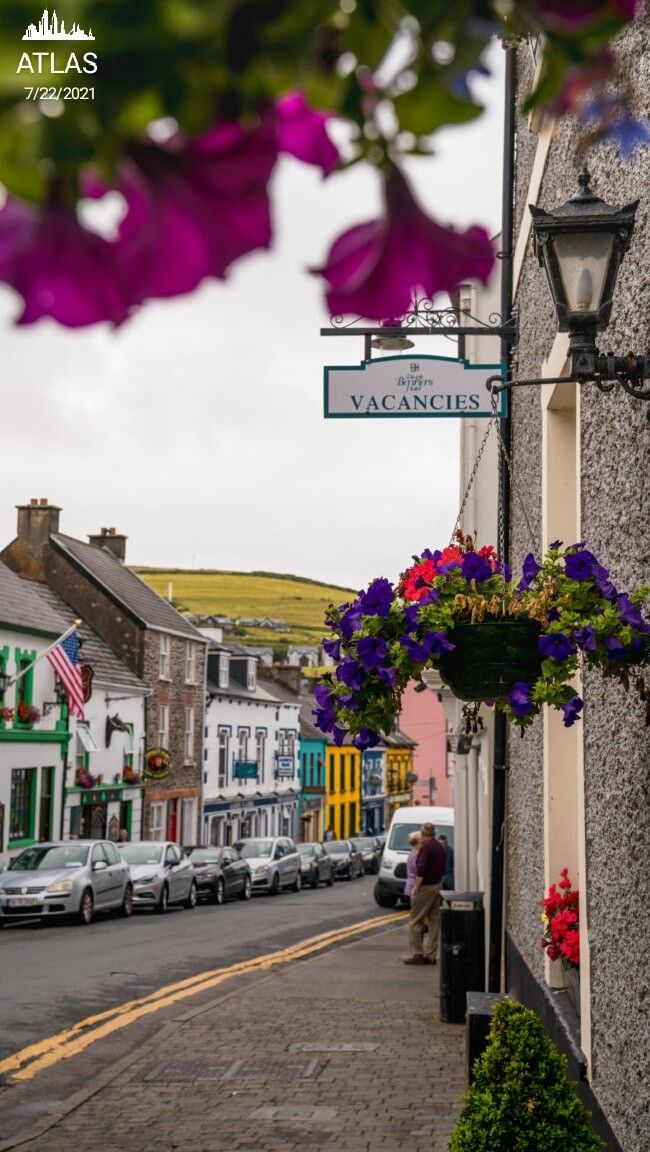 a street with cars parked on the side of it and flowers hanging from the building