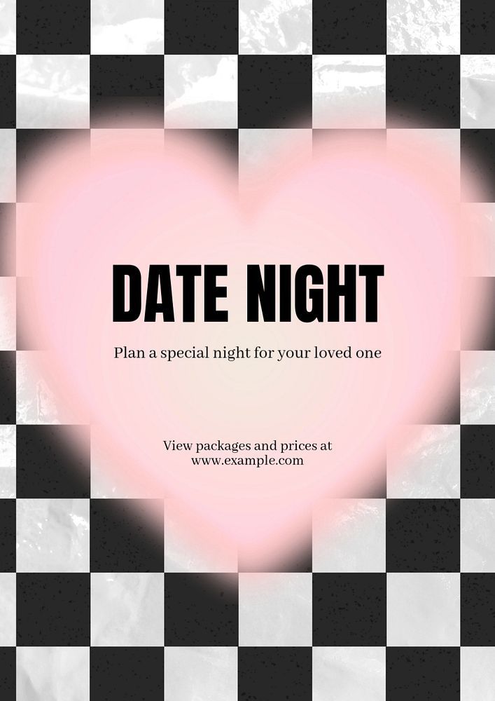 a black and white checkered background with a pink heart in the middle that says date night