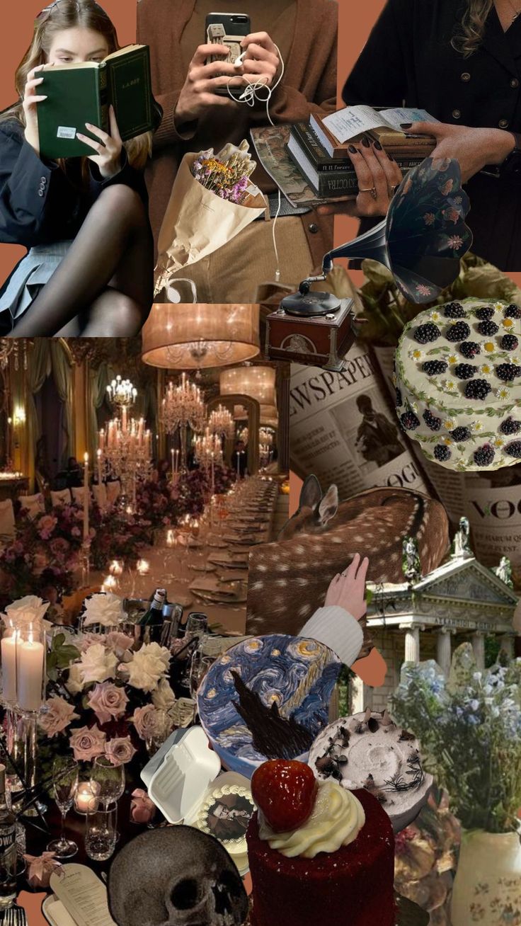 a collage of photos with people holding books and candles in the background, including an image of a woman sitting on a chair next to a cake