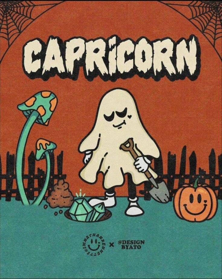 a cartoon character is holding a shovel in front of a pumpkin and spider web with the word capricon on it