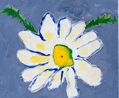 a painting of a white flower on a blue background