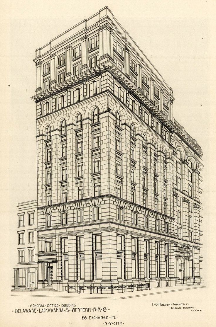 a drawing of a tall building with windows and balconies on the top floor