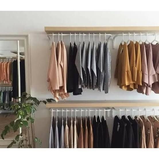 a rack with clothes hanging on it in front of a mirror next to a potted plant