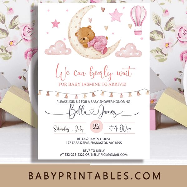 Gorgeous Pink Nursery Teddy Bear Baby Shower Invites to celebrate the upcoming arrival of your little girl. Nursery Teddy Bear, Teddy Bear Baby Shower Theme, Bear Baby Shower Theme, Baby Printables, Art Elements, Bear Girl, Online Digital, Teddy Bear Baby Shower