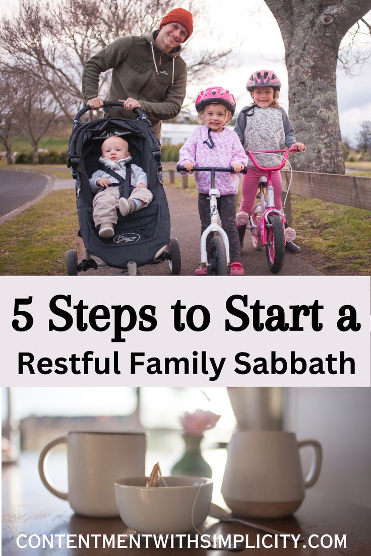 a woman and two children riding bikes with the words, 5 steps to start a restful family sabath