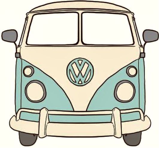 a blue and white vw bus is parked