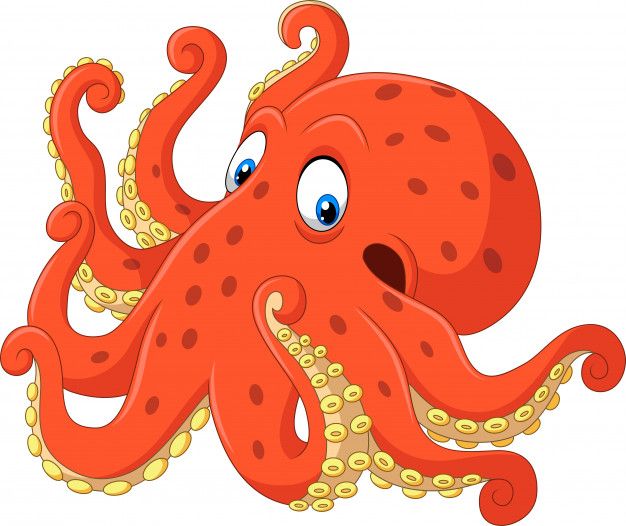 an orange octopus with blue eyes and yellow tentacles