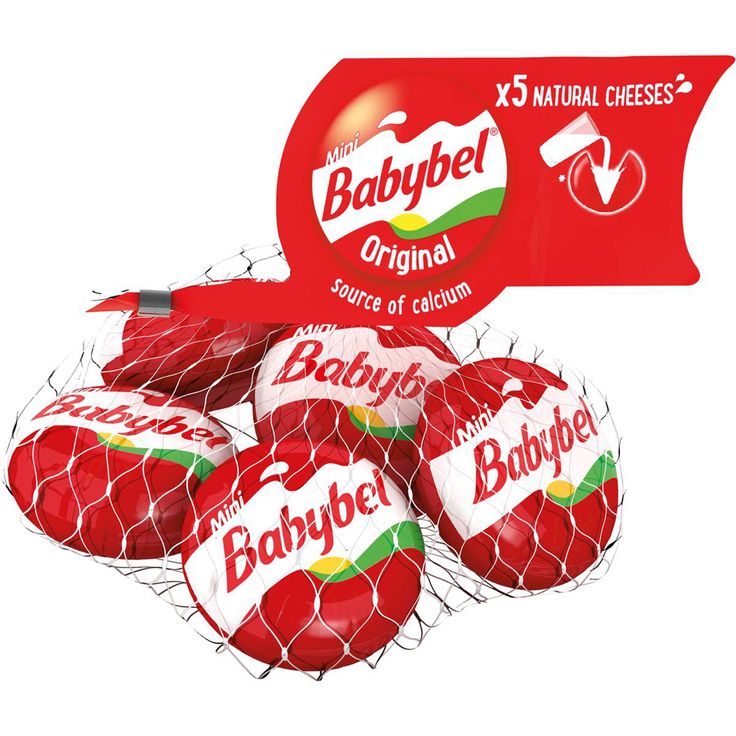 six babybels wrapped in red and white paper on top of a wire net