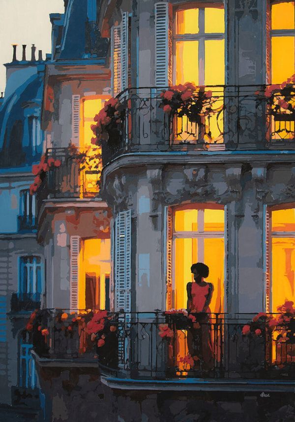 a painting of a woman standing on a balcony at night with flowers in the window